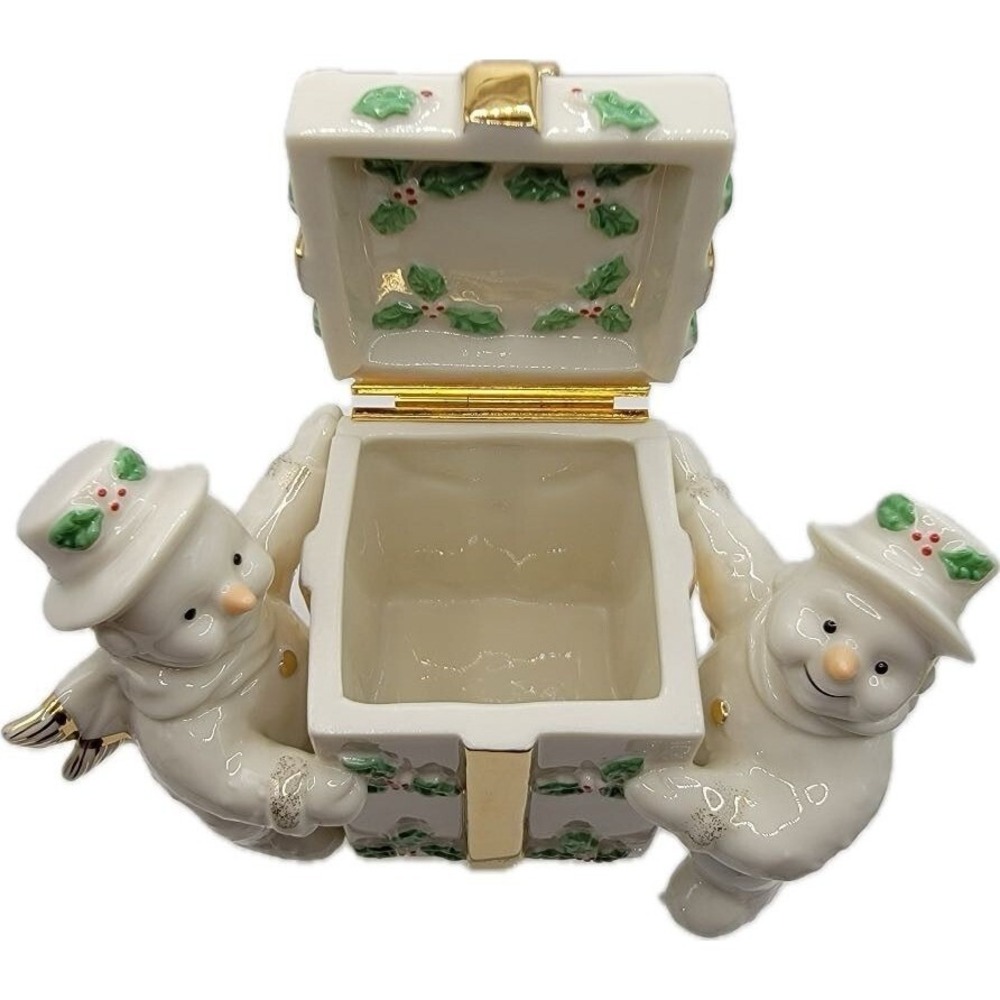 Mikasa Snowman Trio Figure Ribbon Holly Trinket Box‎  Lid Porcelain FK017 W/Box - Picture 5 of 9